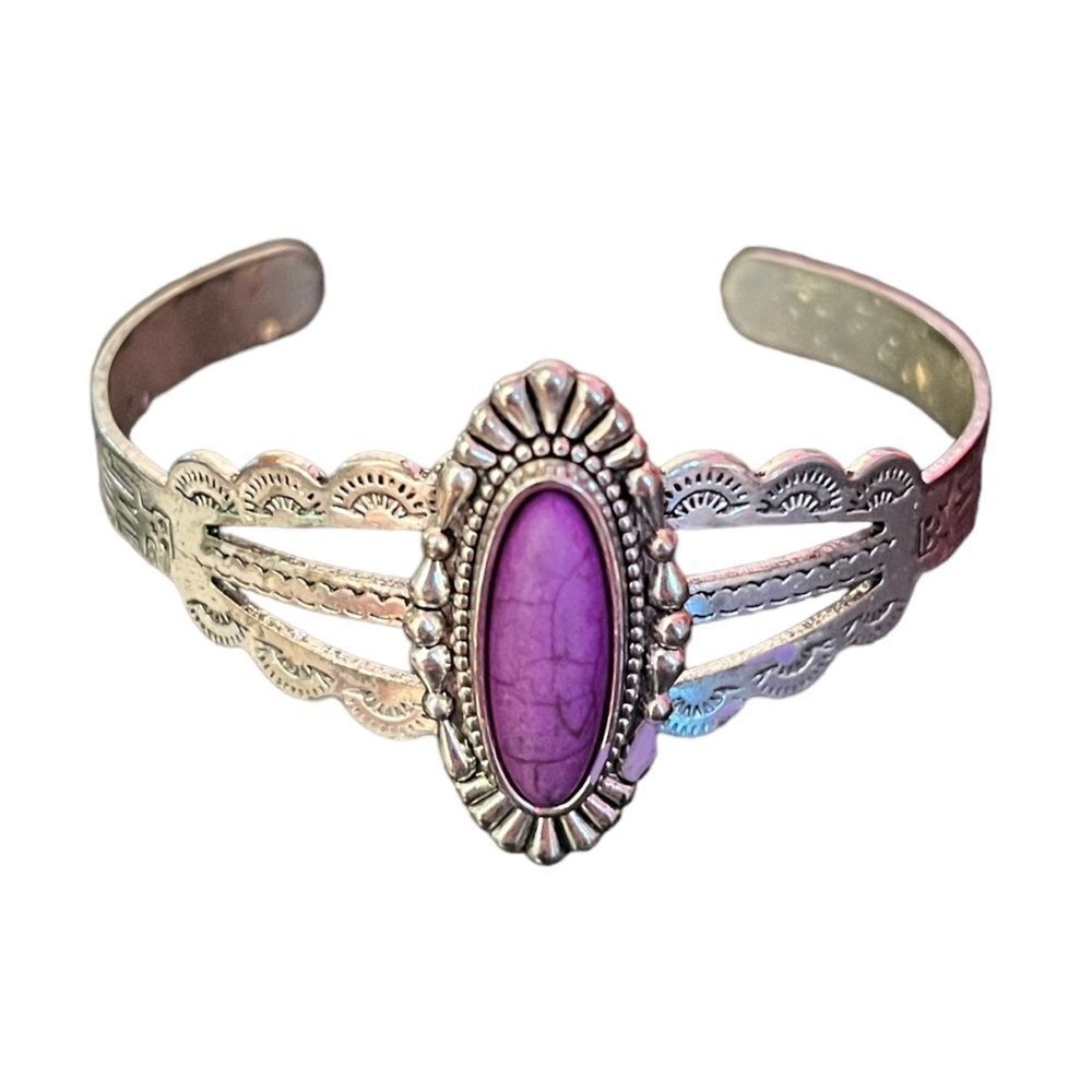 Native Style Purple Stone Silver Tone Bangle - Picture 2 of 5
